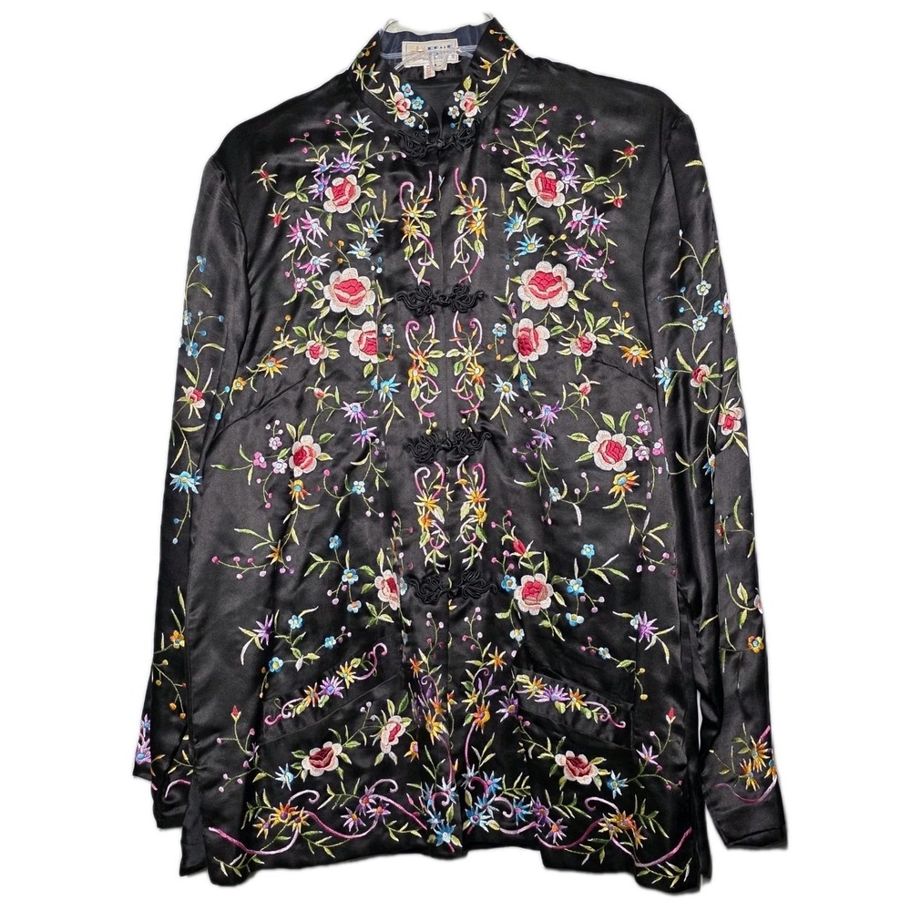 Esme Vintage 100% Silk Embroidered Boho Floral Jacket With Pockets Size Large